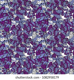 Flat elements. Nice fabric pattern. Seamless pattern Print. Vector. Design. Doodles blue, purple and black on colors.