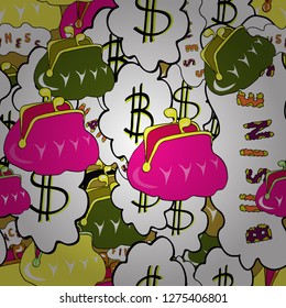 Flat elements on white, magenta and yellow background. Vector illustration. Seamless pattern Business icons set. Icons for business, management, finance, strategy, marketing.