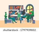 Flat elements of students being study at library. Student gathering at library flat elements. Back to school theme.