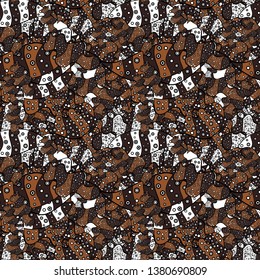 Flat elements. Tender fabric pattern. Doodles brown, white and black on colors. Design. Vector. Seamless pattern Print.