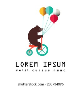 Flat Elements. Vector illustration bear with baloons. Laybel for cicus. Focus, trick, juggle. Greeting card. Gift shop, zoo, veterinary clinic. Accessories for pets. Logo
