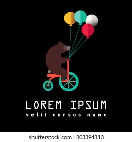Flat Elements. Vector illustration bear with baloons. Laybel for cicus. Focus, trick, juggle. Greeting card. Gift shop, zoo, veterinary clinic. Accessories for pets. Logo