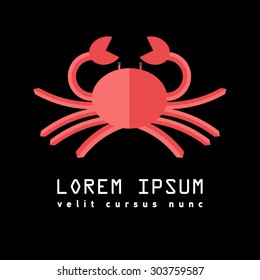 Flat Elements. Vector illustration crab. Laybel for seafood store, aquarium, restaurant. Crab seafood menu design background. Fresh seafood. Object is isolated on a light background. Crab logo.  Logo