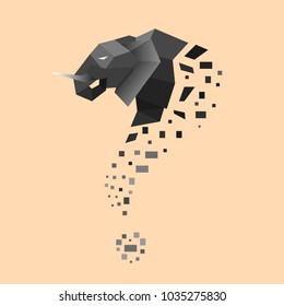 Flat elephant turned into question sign. Low poly vector illustration.