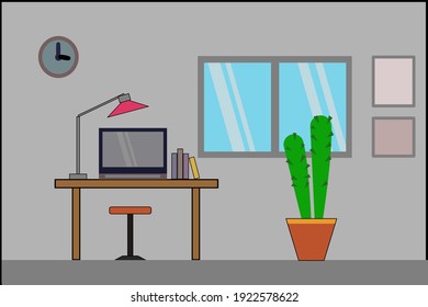 Flat elevation window, clock, on wall decorate, furniture interior room notebook on table, chair castus tree pod, inside home or house, illustration vector