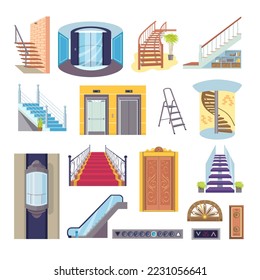 Flat elevator stairs collection, vector illustration. Cartoon step stairs and interior door set. Transport lift inside house, glass and steel elevator