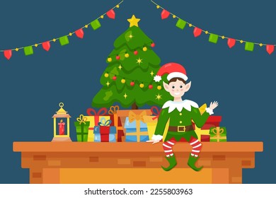 Flat elf sits on fireplace mantel with gifts and decorated tree on home background. Vector cartoon Merry Christmas illustration. Cute winter character with smile for holiday season greeting poster