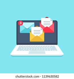 Flat email messages inbox notification. Laptop computer screen alertness sms marketing computer notification newsletter with business mail letters alerts vector illustration