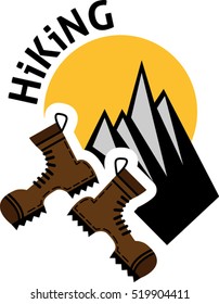 Flat emblem of hiking with boots, sun and mountains. Hiking emblem