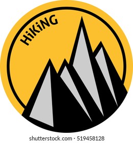 Flat emblem of hiking with sun and mountains. Hiking emblem