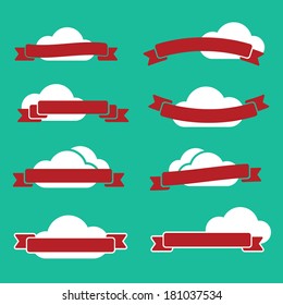 Flat emblems set made of red ribbons and white clouds