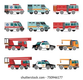 Flat emergency vehicles with fire track and police car vector illustrations