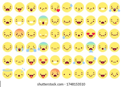 Flat emoji faces. Flat emoticon smiling avatars with different face emotions. Happy, sad and winking, angry funny message vector icons set. Smile and sad, emoticon expression, set of face illustration