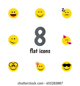 Flat Emoji Set Of Asleep, Smile, Party Time Emoticon And Other Vector Objects. Also Includes Laugh, Idea, Joy Elements.