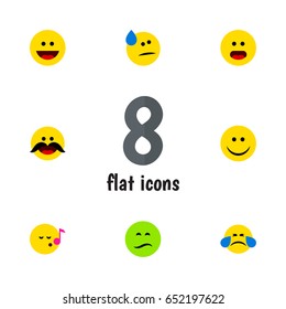 Flat Emoji Set Of Cold Sweat, Laugh, Wonder And Other Vector Objects. Also Includes Joy, Grin, Laugh Elements.