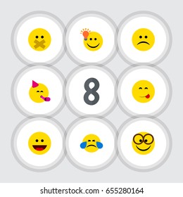 Flat Emoji Set Of Cold Sweat, Party Time Emoticon, Hush And Other Vector Objects. Also Includes Party, Smile, Idea Elements.