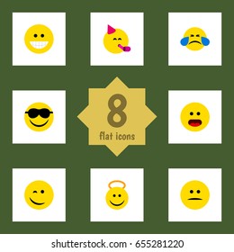 Flat Emoji Set Of Cold Sweat, Wonder, Winking And Other Vector Objects. Also Includes Face, Laugh, Emoji Elements.