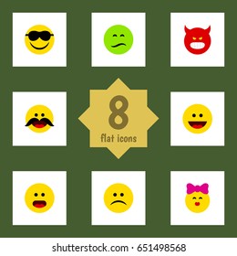 Flat Emoji Set Of Frown, Caress, Pouting And Other Vector Objects. Also Includes Kiss, Pouting, Laugh Elements.