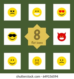 Flat Emoji Set Of Happy, Sad, Hush And Other Vector Objects. Also Includes Sunglasses, Dizzy, Smile Elements.