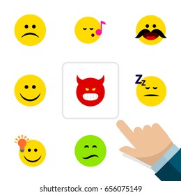 Flat Emoji Set Of Have An Good Opinion, Cheerful, Descant And Other Vector Objects. Also Includes Song, Emoji, Asleep Elements.