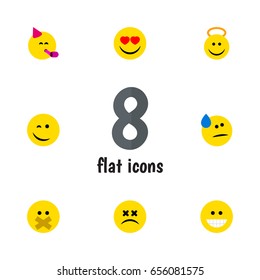 Flat Emoji Set Of Hush, Tears, Grin And Other Vector Objects. Also Includes Sad, Tears, Angel Elements.