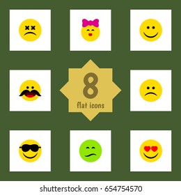 Flat Emoji Set Of Joy, Sad, Caress And Other Vector Objects. Also Includes Emoticon, Whiskers, Frown Elements.