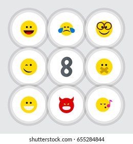 Flat Emoji Set Of Pleasant, Winking, Cold Sweat And Other Vector Objects. Also Includes Winking, Emoji, Eyeglasses Elements.