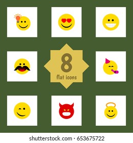Flat Emoji Set Of Pouting, Cheerful, Have An Good Opinion And Other Vector Objects. Also Includes Winking, Emoji, Face Elements.