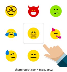 Flat Emoji Set Of Pouting, Displeased, Tears And Other Vector Objects. Also Includes Eyeglasses, Emoji, Mood Elements.