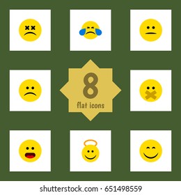 Flat Emoji Set Of Wonder, Smile, Sad And Other Vector Objects. Also Includes Face, Silent, Angel Elements.