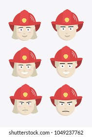 Flat emoticon icons with male and female firefighters
