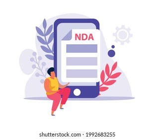 Flat employment document icon with nda agreement smartphone and human character vector illustration