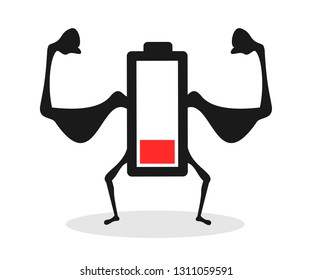 Flat and empty discharged battery with low electric energy - weak and poor condition of device in the end of lifespan. Vector illustration