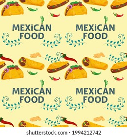 Flat endless seamless pattern on the theme of Mexican food, taco tortilla and burrito with red and green hot chili peppers on a yellow background