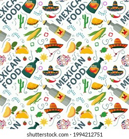 Flat endless seamless pattern on the theme of Mexican food, painted sombrero skulls and tequila drink on a white background