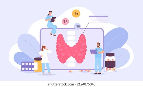 Flat endocrinologist doctors examine thyroid gland on screen. Hormone therapy, hypothyroidism or hyperthyroidism treatment vector concept. Illustration of endocrinologist and endocrine