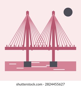 Flat engineering bridge symbol built around a coastal lighthouse in ocean deep colors, geometric vector architecture artwork for travel guides, city maps and printed posters.