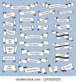 Flat engraved vintage label. Old victorian tag labels or ribbon banners. Retro ribbon banner with quality best price sale text, elegance vector isolated sign illustration collection