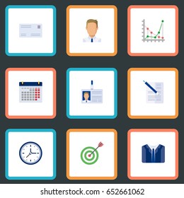 Flat Envelope, Id Card, Employee And Other Vector Elements. Set Of Business Flat Symbols Also Includes Job, Employee, Watch Objects.