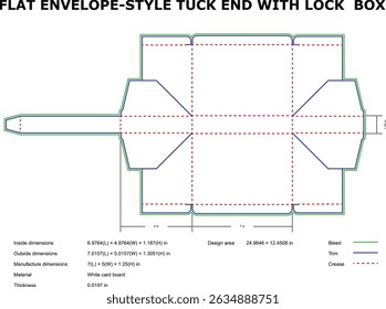 Flat envelope style tuck end packaging template with lock box design and dimensions