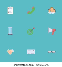 Flat Envelope, Telephone, Goal And Other Vector Elements. Set Of Employment Flat Symbols Also Includes Handshake, Unity, Mail Objects.