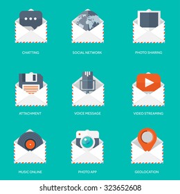 Flat envelope. Vector illustration. Emailing and communication,new message,sms.Earth globe, photo,floppy disk,microphone, play button, vinyl, photo app and map pointer.