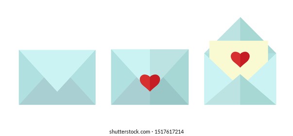 Flat envelopes set on white background. Open/closed envelope, love letter