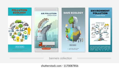 Flat environment pollution vertical banners with industrial factory truck protective suit oil barrel clean and dirty planet tree of ecological problems vector illustration