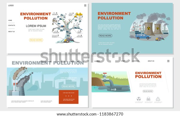 Flat environment pollution websites set with\
chimneys factory ecology contamination tree and oil in pond vector\
illustration