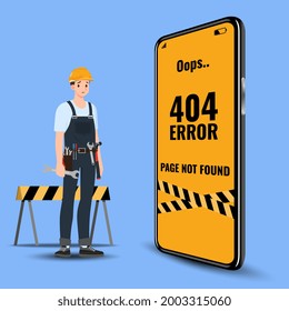 Flat error 404 sign layout yellow screen on mobile phone. The builder standing near a large cell phone and show Website 404 page on screen. The page you requested could not be found.