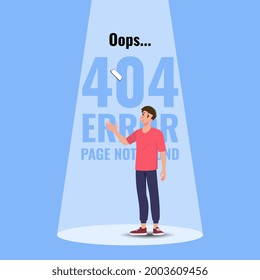 Flat error 404 sign layout yellow screen on a mobile phone. The man standing near a floating cell phone and text show Website 404 page behind. The page you requested could not be found.