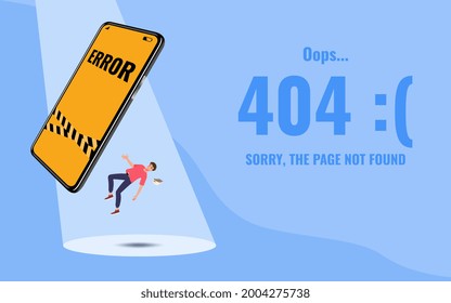 Flat error 404 sign layout yellow screen on a mobile phone with a man floating in the air and text show Website 404 page beside. The page you requested could not be found.