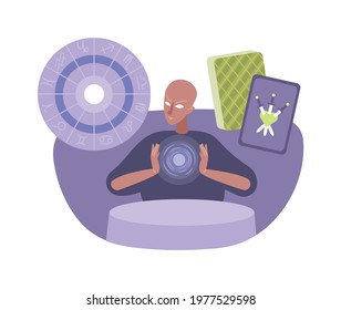 Flat esoteric composition with seer character and taro cards vector illustration