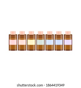 Flat essential oil brown bottle. Cosmetic vial, flask, flacon. Medical bank. Cosmetic bottle with sticker. Prescription bottle with design label. Set. White background vector